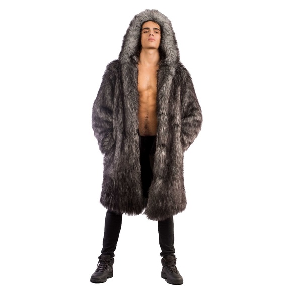 FURROCIOUS FURR Men’s Faux Fur Gray Wolf Playa Coat for Festivals, Burning Man
